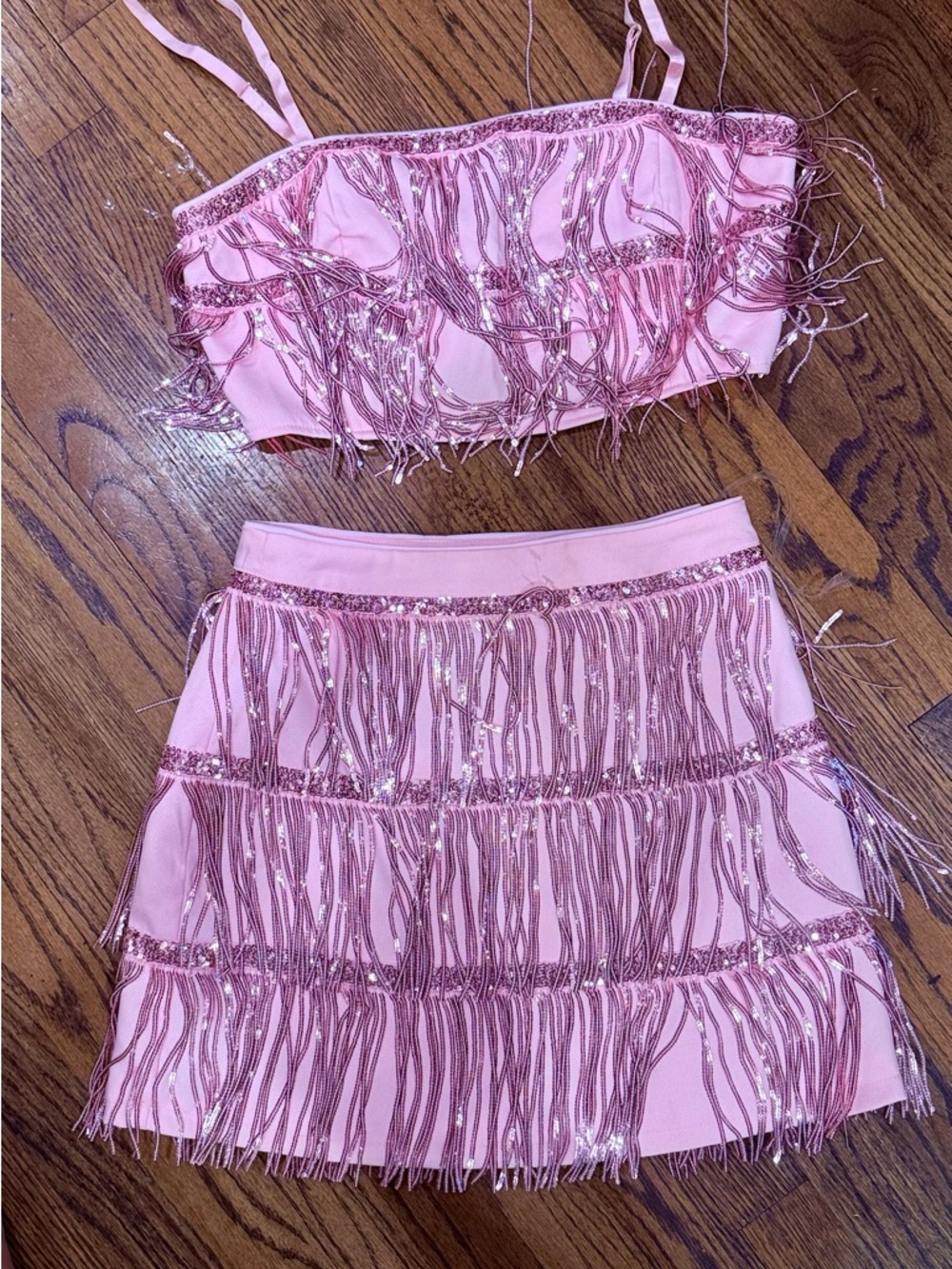 Main Strip Pink Fringe Mini Skirt Set